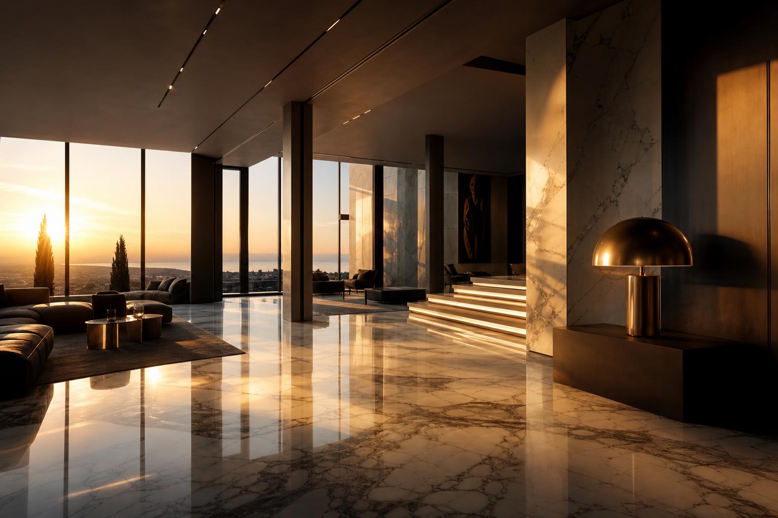 Luxury marble villa interior at dusk